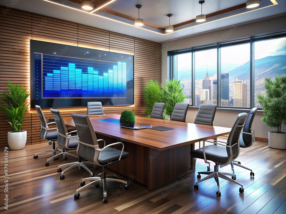 Modern conference room with sleek table and chairs, featuring a large display screen showing business dashboard and graphs, illuminated by soft overhead lighting. Modern conference room with sleek table and chairs, featuring a large display screen showing business dashboard and graphs, illuminated by soft overhead lighting.