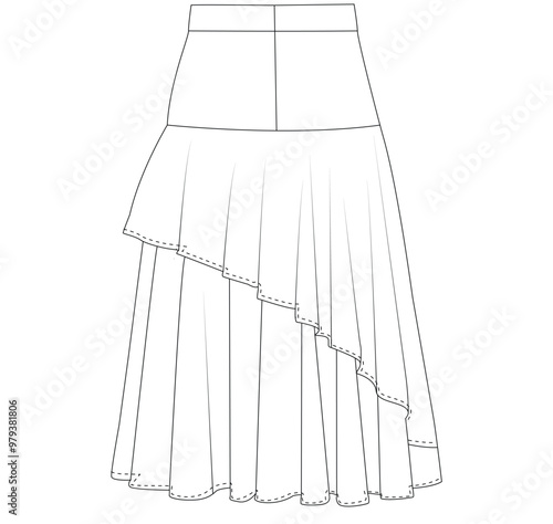 Skirt eight gore technical fashion illustration Fashion technical drawing of A-line skirt. Skirt fashion flat template.