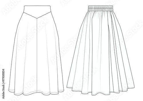 Skirt eight gore technical fashion illustration Fashion technical drawing of A-line skirt. Skirt fashion flat template.