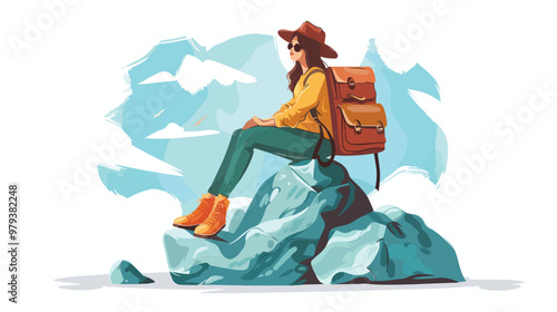 Traveler Woman Sitting on Retro Suitcase on Top of Rock photo