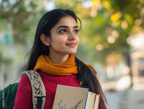 Young Woman, Backpack, School Books - Outdoor Education Setting photo