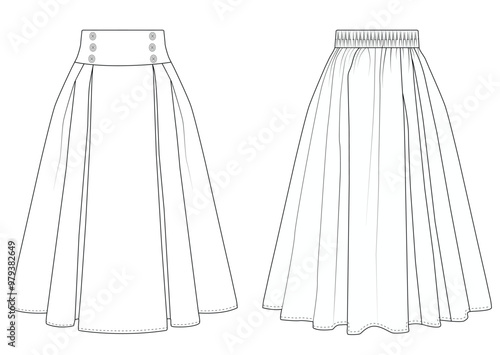 Skirt eight gore technical fashion illustration Fashion technical drawing of A-line skirt. Skirt fashion flat template.