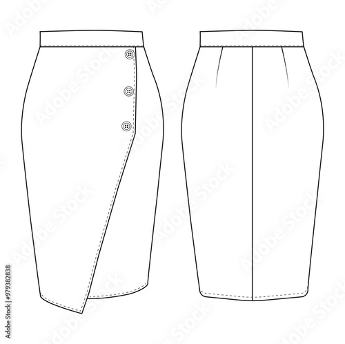 Skirt eight gore technical fashion illustration Fashion technical drawing of A-line skirt. Skirt fashion flat template.