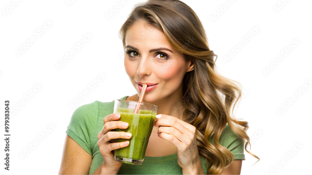 Woman drinking green smoothie isolated on transparent background, health, fitness, and nutrition Woman drinking green smoothie isolated on transparent background, health, fitness, and nutrition