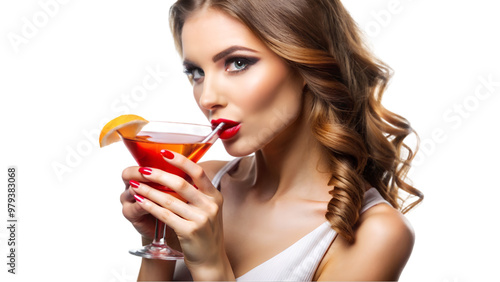 Woman drinking alcoholic cocktail isolated on transparent background, lifestyle and leisure