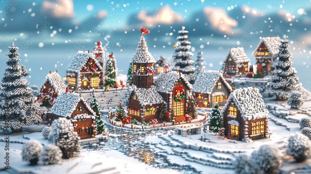 Pixelated Winter Wonderland: Festive 3D Cube Village with Snow-Covered Rooftops Pixelated Winter Wonderland: Festive 3D Cube Village with Snow-Covered Rooftops