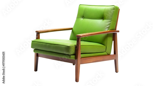 Green 70s armchair isolated on transparent background, vintage retro furniture