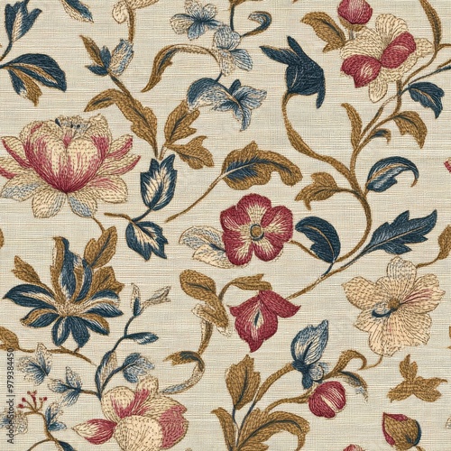 Vintage tapestry renaissance floral pattern on vintage beige fabric background, seamless repeating pattern, textile print style, minimal, tapestry design, seamless renaissance floral pattern, 
