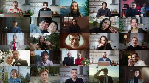 A collage of various individuals participating in a virtual video call or conference. Diverse backgrounds, expressions, and settings, symbolizing connection.