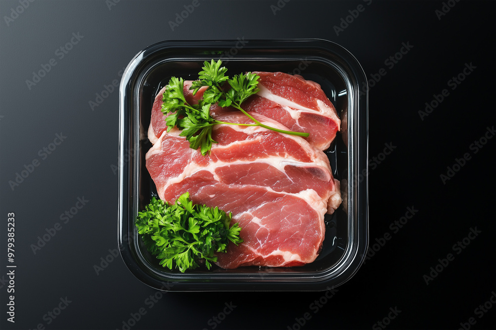 Pork steak in black plastic packaging with empty space for label. Raw pork meat in plastic box tray with parsley Pork steak in black plastic packaging with empty space for label. Raw pork meat in plastic box tray with parsley