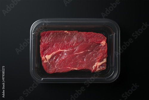 Beef steak in black plastic packaging with empty space for label. Raw marble beef meat in plastic box tray photo