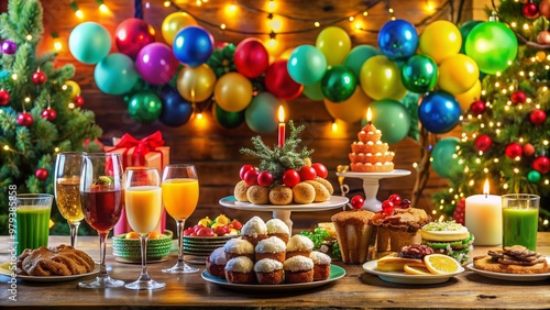 Vibrant decorations, twinkling lights, and colorful balloons surround a festive holiday table setting, filled with delicious treats and drinks, evoking a sense of joy and celebration.