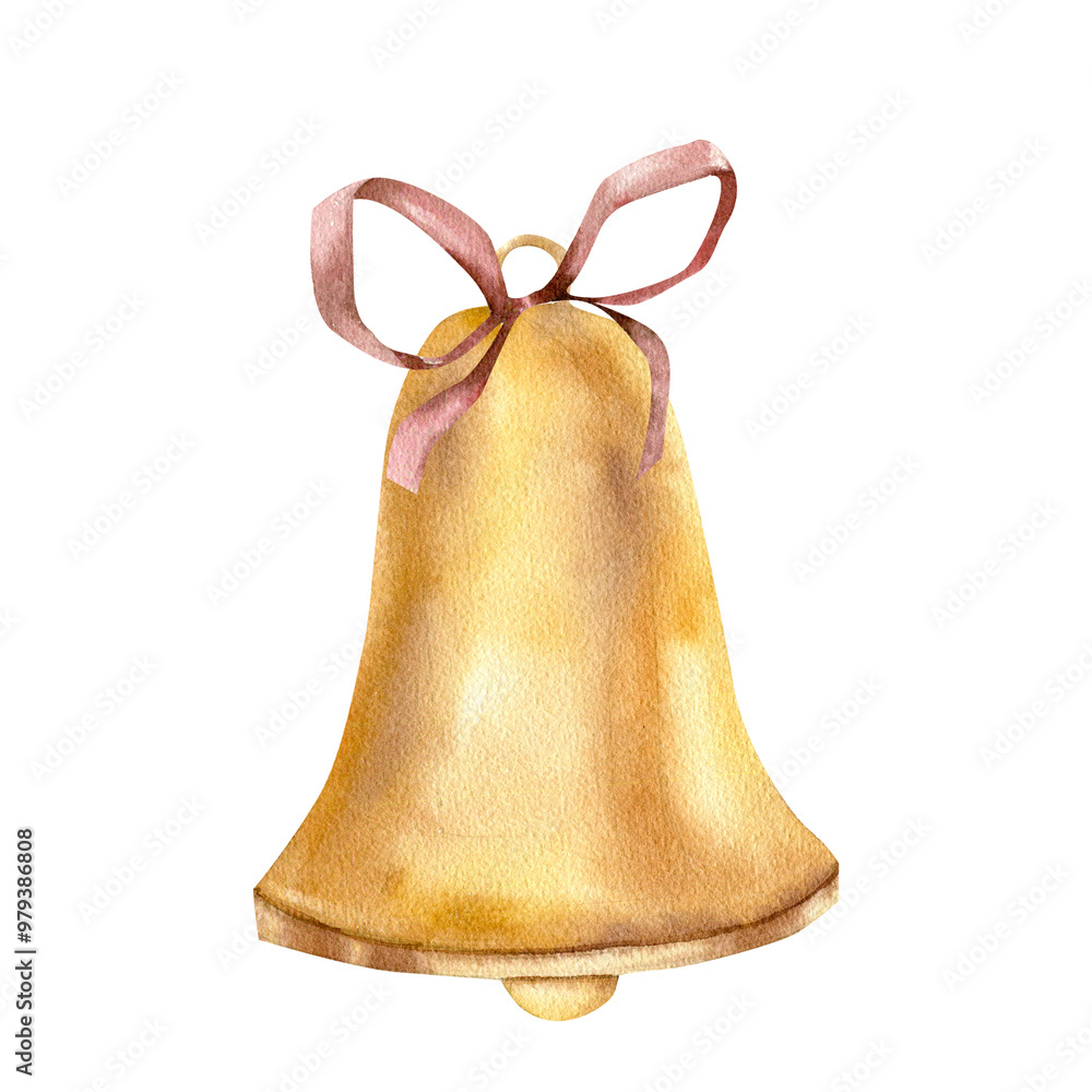 Retro golden bell watercolor isolated element. Hand drawn Christmas and new year celebration decorative element with red bow for poster, back to school booklet, packing, label ,logo design Retro golden bell watercolor isolated element. Hand drawn Christmas and new year celebration decorative element with red bow for poster, back to school booklet, packing, label ,logo design