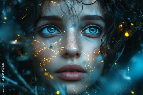 Close up of a young girl with glowing blue eyes and digital energy patterns symbolizing futuristic vision innovation and the exploration of advanced human potential