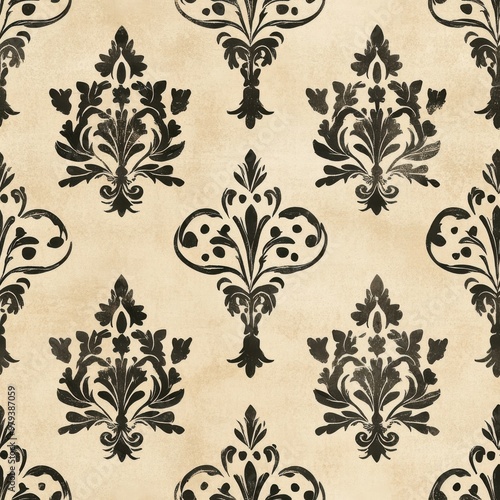 Vintage Victorian decorative arabesque pattern on vintage beige fabric background, seamless repeating pattern, textile print style, minimal, Victorian design, seamless decorative arabesque pattern