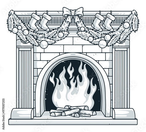 Christmas fireplace vintage sticker monochrome