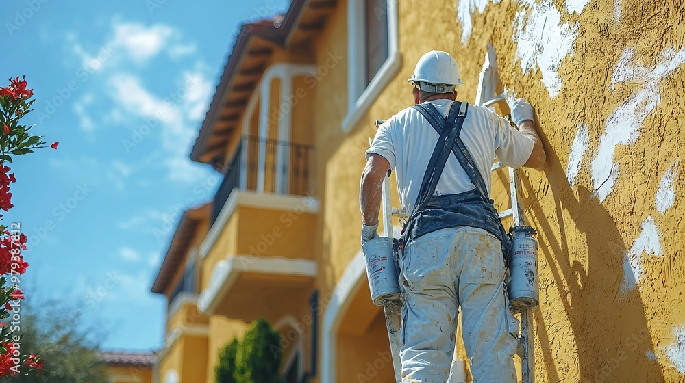 Fototapeta premium Painter applying fresh coat of paint on house exterior with bright sky