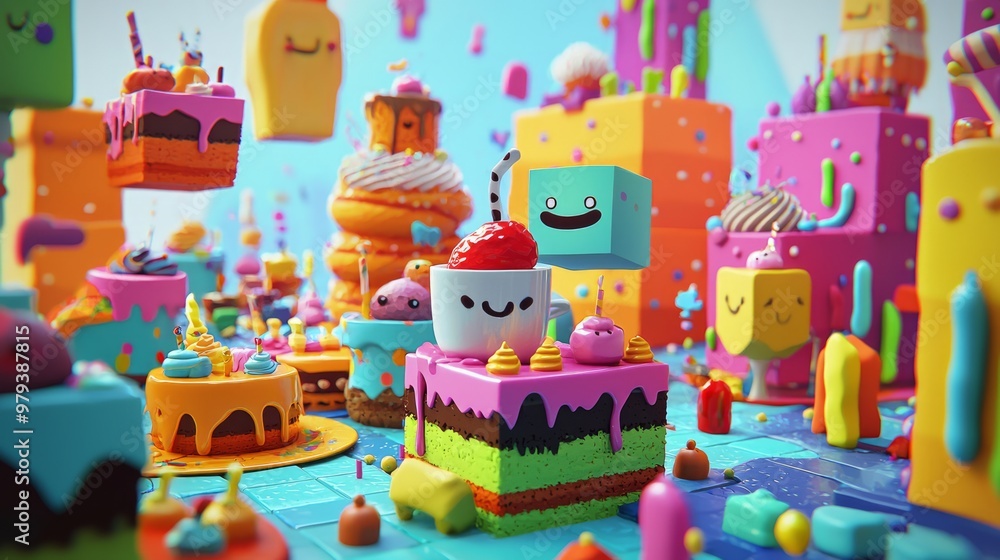 Whimsical 3D Cube Tea Party with Pixelated Characters and Colorful Treats Whimsical 3D Cube Tea Party with Pixelated Characters and Colorful Treats