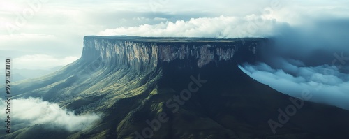 Mount Roraima, a flat-topped mountain shrouded in mist, rising dramatically from the surrounding jungle in Venezuela photo