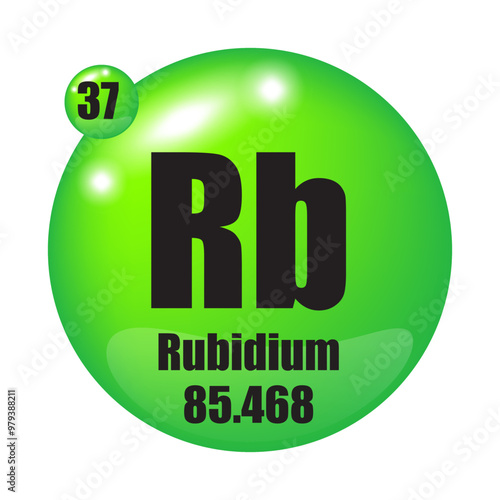 Rubidium icon. Rb chemical element. Atomic number 37. Mass 85.468. Green sphere.