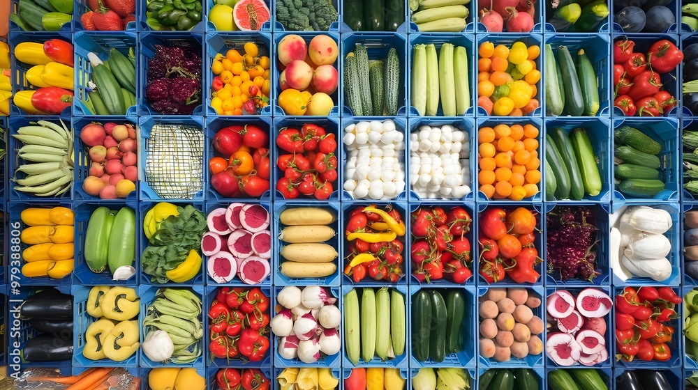 Aerial view of crates filled with various fruits and vegetables, symbolizing organized logistics and distribution in the fresh produce industry.
Aerial view of crates filled with various fruits and vegetables, symbolizing organized logistics and distribution in the fresh produce industry.