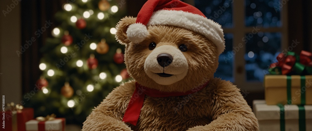 A vertical shot of a smiling teddy bear, wearing a Santa hat, sitting in front of a glowing Christmas tree A vertical shot of a smiling teddy bear, wearing a Santa hat, sitting in front of a glowing Christmas tree