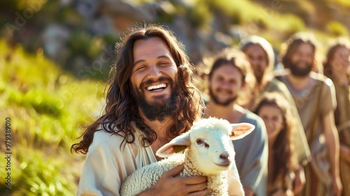 Joyful Depiction of Jesus Laughing and Holding a Lamb in a Peaceful Outdoor Setting