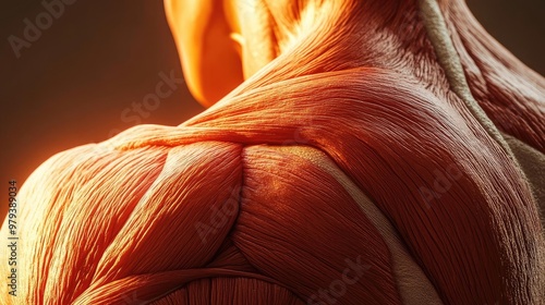 Detailed close-up of human muscle anatomy showcasing intricate textures and structures in a dramatic lighting.