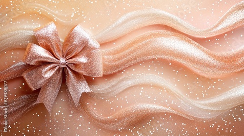 Glittering peach bow with flowing ribbons on a soft, peach-colored background, creating an elegant and festive decoration for celebrations. 