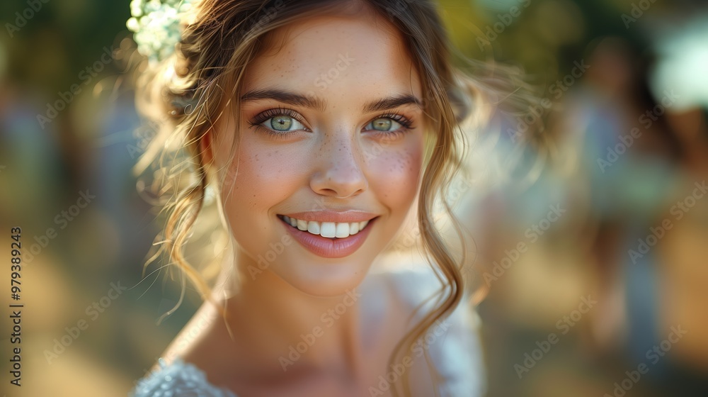 Photorealistic Image of a Radiant 28-Year-Old Bride with a Warm Smile in Sunlit Wedding Setting Photorealistic Image of a Radiant 28-Year-Old Bride with a Warm Smile in Sunlit Wedding Setting
