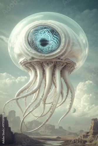 A giant mechanical white glass jellyfish like alien with eye with blue patterns inside floating in the air above a another planet landscape background photo