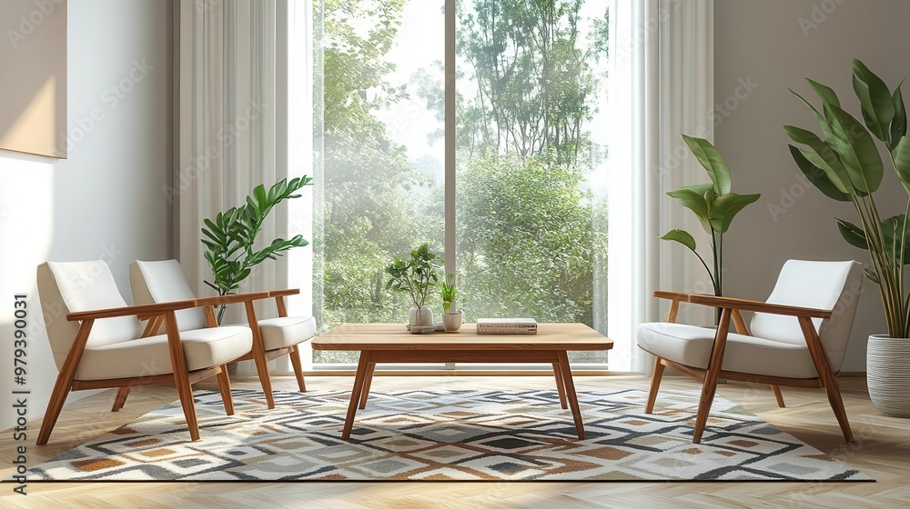 Teak coffee table in a modern midcentury living room, retro armchairs, geometric-patterned rug, large windows, soft light, minimalist style Teak coffee table in a modern midcentury living room, retro armchairs, geometric-patterned rug, large windows, soft light, minimalist style