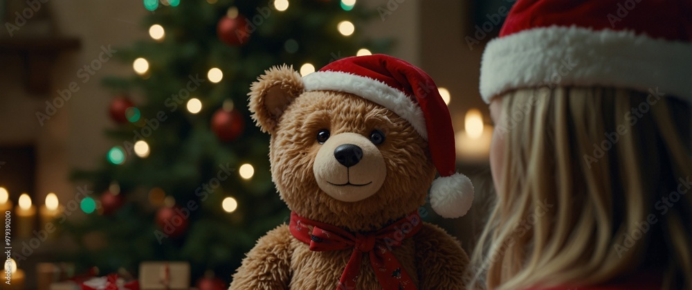 A vertical shot of a smiling teddy bear, wearing a Santa hat, sitting in front of a glowing Christmas tree A vertical shot of a smiling teddy bear, wearing a Santa hat, sitting in front of a glowing Christmas tree
