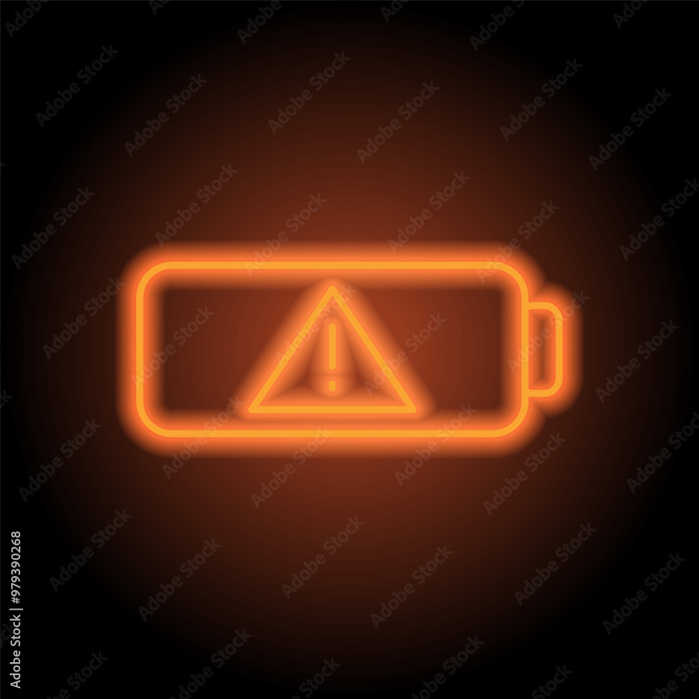 Battery attention simple iocn vector. Flat design. Orange neon on black background Battery attention simple iocn vector. Flat design. Orange neon on black background