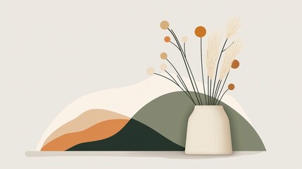 Wandcirkels Japandi stijl Boho vaas pampas minimalistisch interieur  © Pojjanee