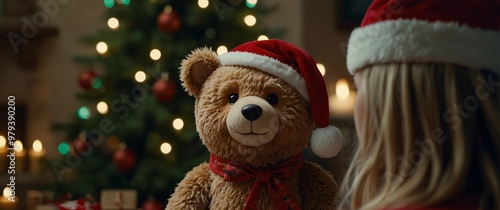 Wallpaper Mural A vertical shot of a smiling teddy bear, wearing a Santa hat, sitting in front of a glowing Christmas tree Torontodigital.ca