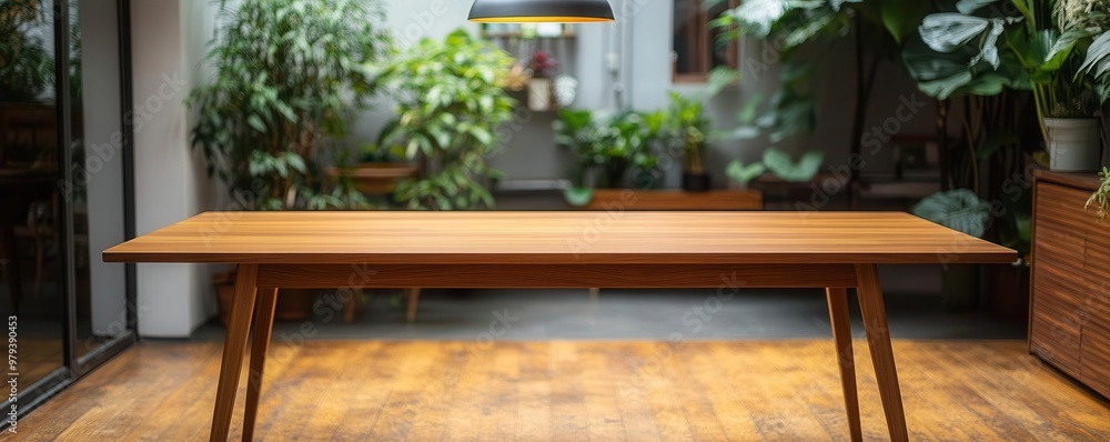 Fototapeta premium Teak dining table with tapered legs, Scandinavian-style interior, muted tones, modern lighting fixture above, plants in the background, clean aesthetic