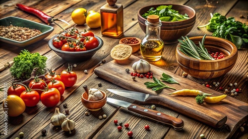 Freshly sliced ingredients and utensils scattered across a worn wooden kitchen table, surrounded by warm light and aromas, evoking a sense of culinary creativity. photo