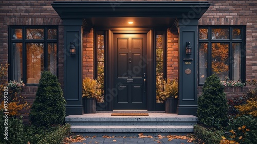 Modern front door entrance to a luxury home in evening lighting