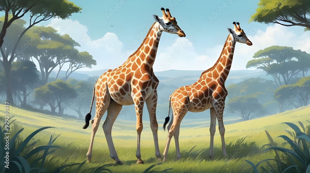 Fototapeta premium A picturesque scene in a vast grassy meadow, featuring a full-body view of a mother giraffe standing elegantly beside her adorable baby.