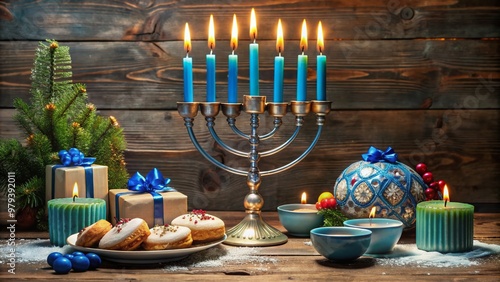 Vibrant menorah with nine lit candles, surrounded by traditional Hanukkah treats, dreidel, and festive blue and white decorations on a rustic wooden table. photo