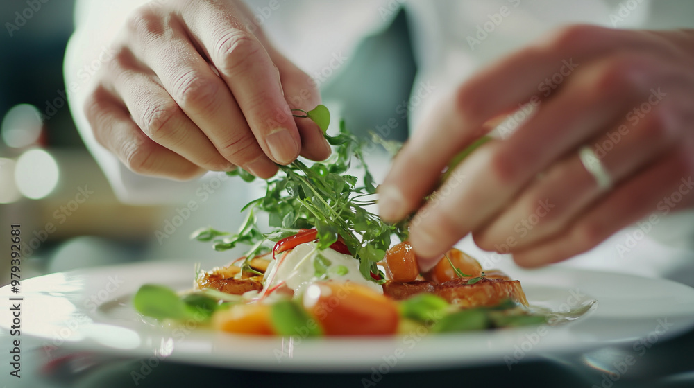 Chef Garnishing a Gourmet Dish with Fresh Herbs Chef Garnishing a Gourmet Dish with Fresh Herbs