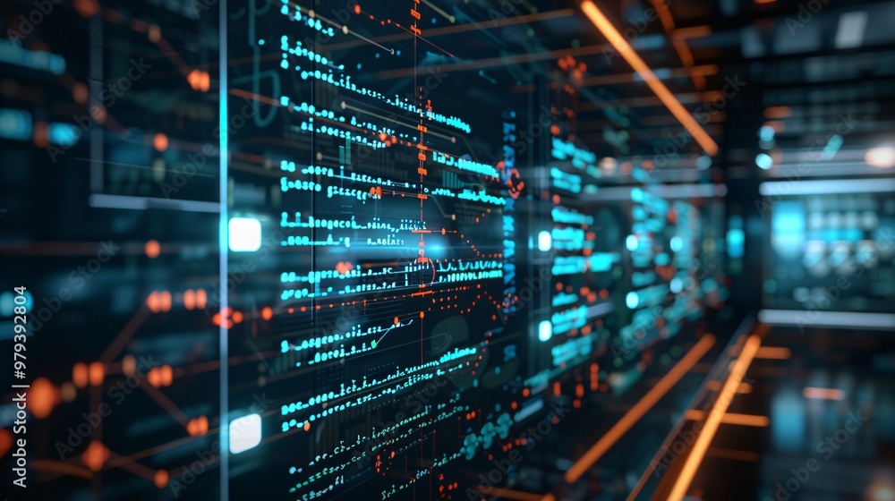 Digital AI data office interior with information Digital AI data office interior with information