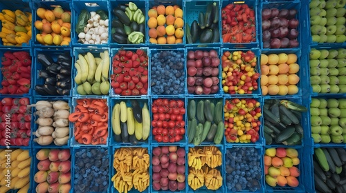 Aerial view of crates filled with various fruits and vegetables, symbolizing organized logistics and distribution in the fresh produce industry. 