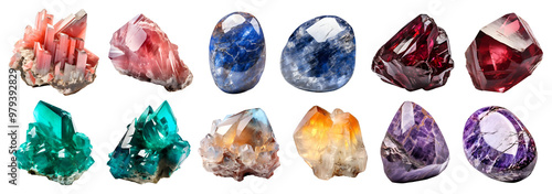 Collection set of gemstone mineral rocks crystal semi-precious stones, on transparent PNG. Garnet, Charoite, Calcite, Dioptase, Dumortierite, algodonite. Many style. Mockup template for design photo