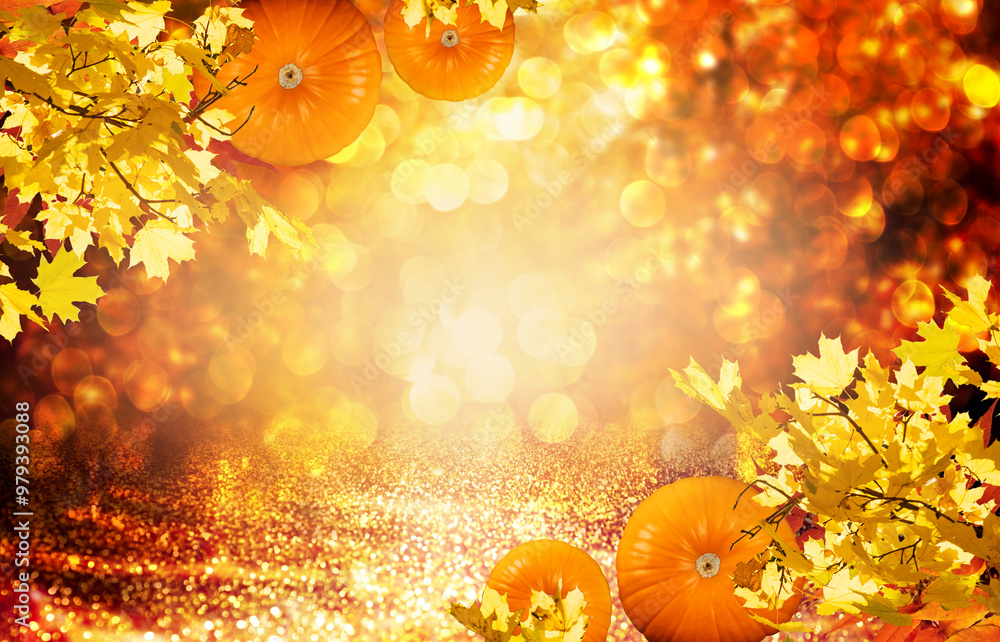 Naklejka premium Thanksgiving day autumn festive card with pumpkins, fall autumnal maple tree leaves on blurred background with bokeh and empty place for your text.