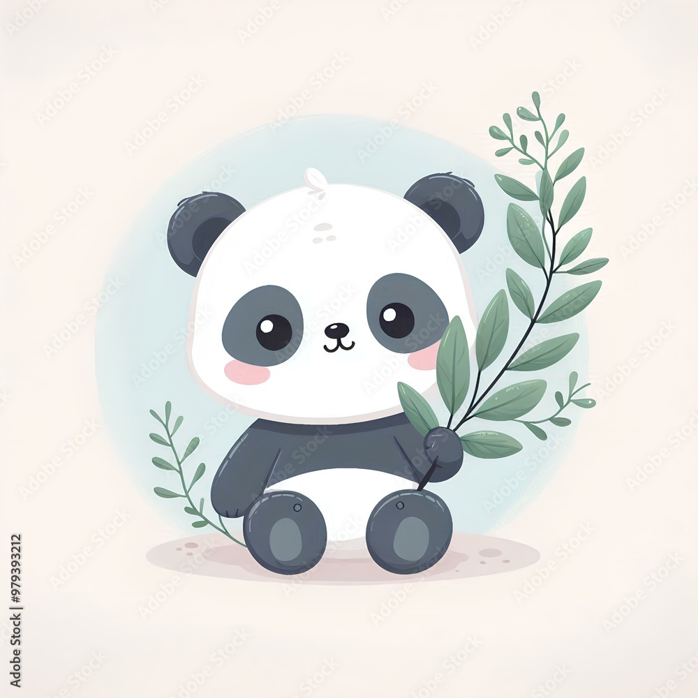 cute baby panda and a sprig of leafy plants on a simple background. cute baby panda and a sprig of leafy plants on a simple background.