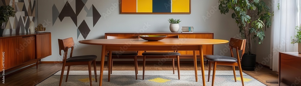 Oval-shaped teak dining table with mid-century modern design, set in a retro-themed room with bold colors, geometric decor, and natural wood accents, teak dining table Oval-shaped teak dining table with mid-century modern design, set in a retro-themed room with bold colors, geometric decor, and natural wood accents, teak dining table