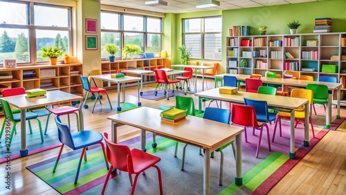 Colorful desks and chairs fill a well-organized classroom with educational materials, textbooks, and student supplies scattered throughout, creating a lively learning atmosphere.