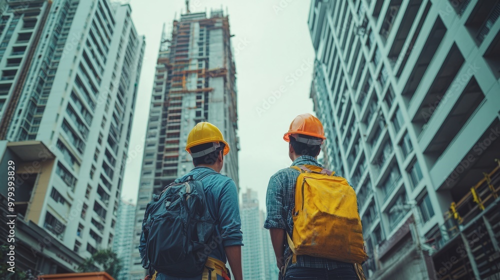 Construction workers looking up at modern skyscraper under construction